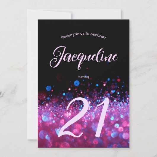 レトロネオンピンクグリッターグロースクリプト21歳の誕生日 招待状 (正面)