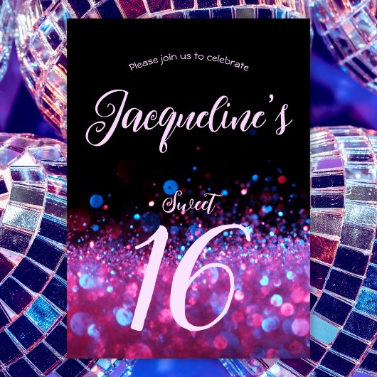 レトロネオンピンクグリッタースクリプトスウィート16誕生日 招待状