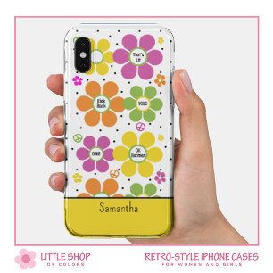 レトロネオンフローラフラワーパワーモノグラムの iPhone 15ケース