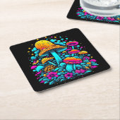 レトロネオンマッシュルーム&フラワーアイアート スクエアペーパーコースター (アングル)