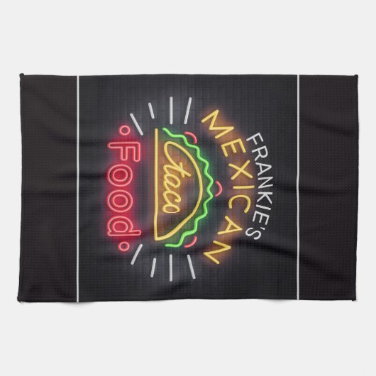 レトロネオンメキシカンフードタコディパーソナライズされたナー キッチンタオル (横)