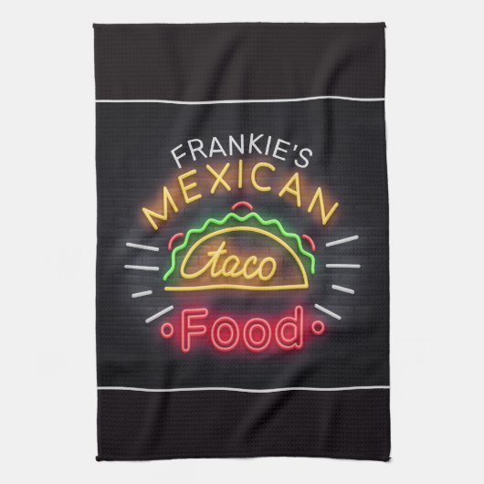 レトロネオンメキシカンフードタコディパーソナライズされたナー キッチンタオル (縦)