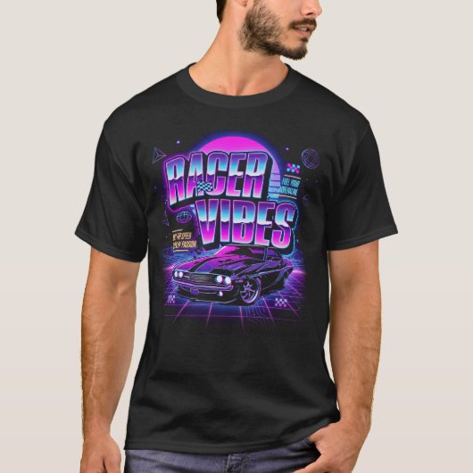 レトロネオンレースカーのVibes、シンセウェーブマッスルカー Tシャツ (正面)