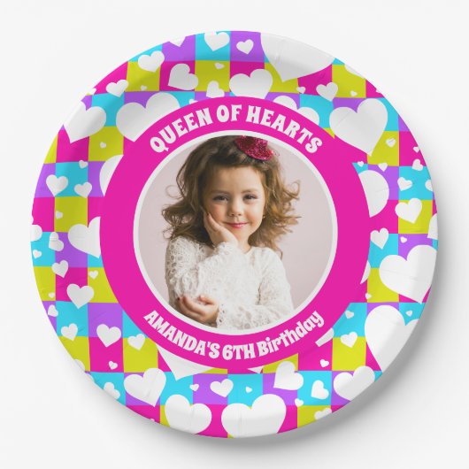 レトロネオン女王のハート誕生日パーティー写真 ペーパープレート (正面)