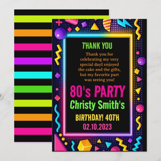 レトロネオン80年代 誕生日 大人のパーティー サンキューカード (正面/裏面)