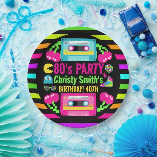 レトロネオン80sバースデーパーティー ペーパープレート (パーティー)