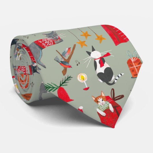 レトロネコヴィンテージグリーンクリスマス ネクタイ (ロール)