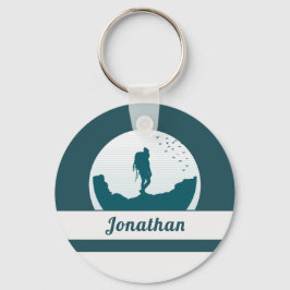 レトロハイキングキャンピングランドスケープ名前をカスタムするティール（緑がかった色） キーホルダー