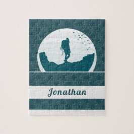 レトロハイキングキャンピングランドスケープ名前をカスタムするティール（緑がかった色） ジグソーパズル