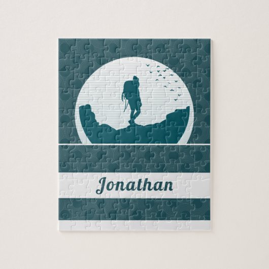 レトロハイキングキャンピングランドスケープ名前をカスタムするティール(緑がかった色) ジグソーパズル (縦)