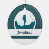 レトロハイキングキャンピングランドスケープ名前をカスタムするティール(緑がかった色) セラミックオーナメント (左)