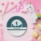 レトロハイキングキャンピングランドスケープ名前をカスタムするティール（緑がかった色） ペーパープレート (パーティー)