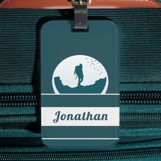 レトロハイキングキャンピングランドスケープ名前をカスタムするティール(緑がかった色) ラゲッジタグ