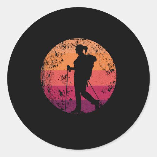 レトロハイキングヴィンテージハイカーガールウーマン ラウンドシール (正面)