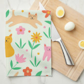 レトロハッピーキャッツとオレンジ色の赤とモモ キッチンタオル (四つ折り)