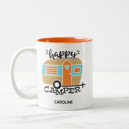 レトロハッピーキャンパーサンゴティール(緑がかった色)ネームコーヒーマグ ツートーンマグカップ (左)