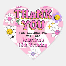 レトロハッピースマイル顔ピンク市松模様にクサンキュー ハートシール