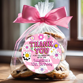 レトロハッピースマイル顔ピンク市松模様にクサンキュー ラウンドシール