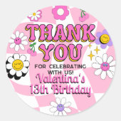 レトロハッピースマイル顔ピンク市松模様にクサンキュー ラウンドシール (正面)