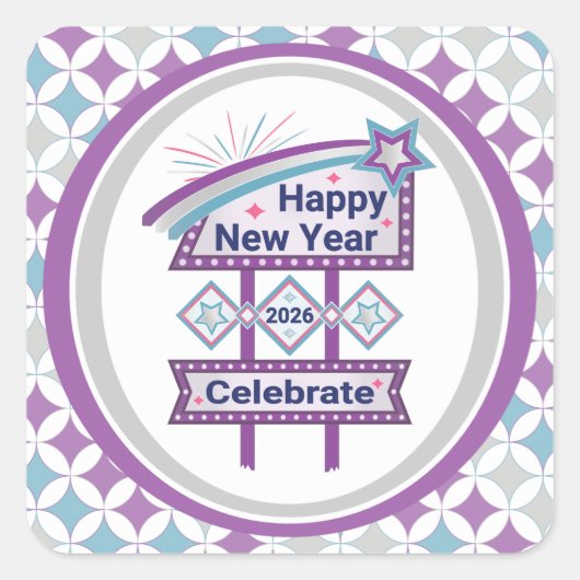 レトロハッピーニューイヤーサイン祝- Marquee  スクエアシール (正面)