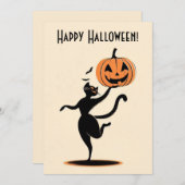 レトロハッピーハローウィン踊りブラックキャットパンプキン シーズンカード (正面/裏面)