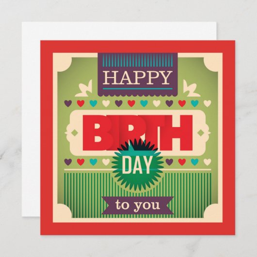 レトロハッピーバースデータイポグラフィグリーティングカード (正面/裏面)