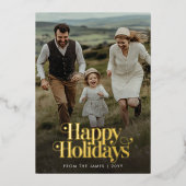 レトロハッピーホリデーズクリスマスフォトバーティカル金ゴールド 箔シーズンカード (正面)