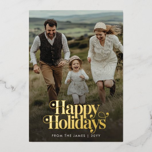 レトロハッピーホリデーズクリスマスフォトバーティカル金ゴールド 箔シーズンカード (正面)