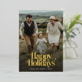 レトロハッピーホリデーズクリスマスフォトバーティカル金ゴールド 箔シーズンカード (立ち正面)