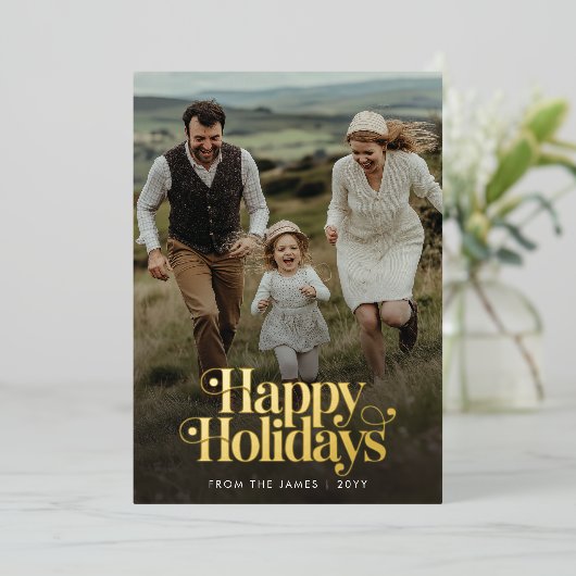 レトロハッピーホリデーズクリスマスフォトバーティカル金ゴールド 箔シーズンカード (立ち正面)