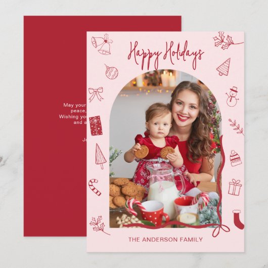 レトロハッピーホリデー写真 手描きイラスト シーズンカード (正面/裏面)