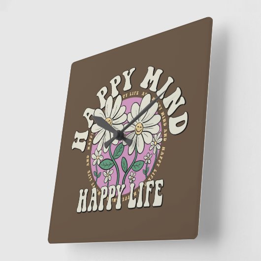 レトロハッピーマインドハッピーライフ スクエア壁時計 (傾斜)