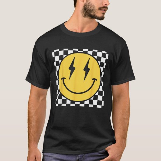 レトロハッピー動揺して顔市松模様にパターンSmil Tシャツ (正面)