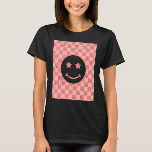 レトロハッピー市松模様に顔パターン_2 Tシャツ (正面)