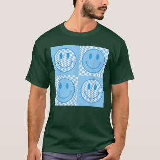 レトロハッピー市松模様に顔ブルースマイル顔トレンディー Tシャツ