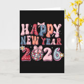 レトロハッピー新年2026コケッティーボウディスコボール カード (黄色い花)