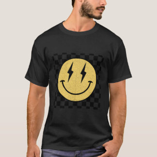 レトロハッピー顔シャツパタ市松模様にンスマイルFac Tシャツ