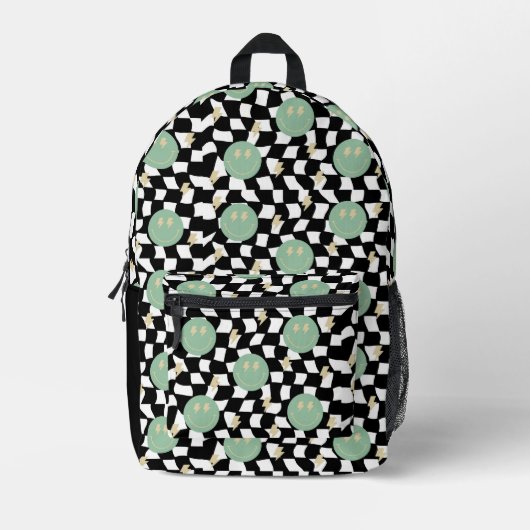 レトロハッピー顔チェック及びライトニングボルト プリントバックパック (正面)