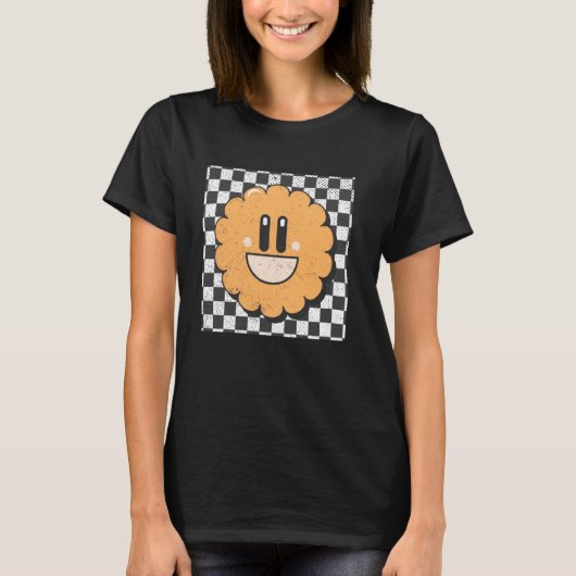 レトロハッピー顔パタ市松模様にーンスマイル顔 Tシャツ (正面)