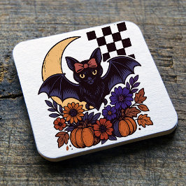 レトロハロウィンのコウモリと月のゴシック調デザイン スクエアペーパーコースター
