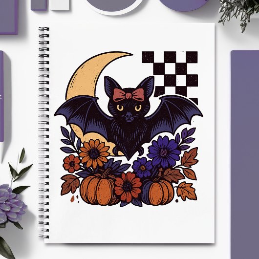レトロハロウィンのコウモリと月のゴシック調デザイン ノートブック