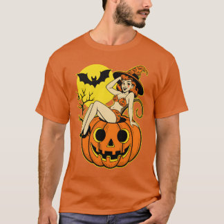 レトロハロウィンのピンナップウィッチとカボチャ Tシャツ