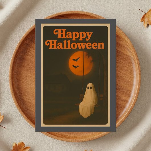 レトロハロウィンの幽霊と月 カード