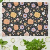 レトロハロウィンカボチャと花のパターン キッチンタオル (折り畳み)