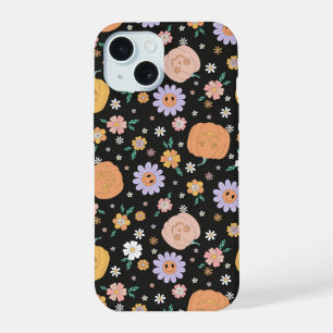 レトロハロウィンカボチャと花のパターン iPhone 15ケース