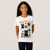 レトロハロウィンカボチャ飛んでいる、こうもり、黒猫 Tシャツ (正面フル)