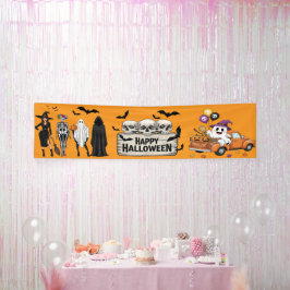 レトロハロウィンバナー - ドクロと幽霊の装飾！ 横断幕