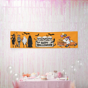 レトロハロウィンバナー - ドクロと幽霊の装飾！ 横断幕