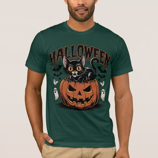 レトロハロウィンブラックキャットとカボチャ Tシャツ (正面)