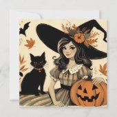 レトロハロウィン魔女と黒猫かわいい カード (正面)